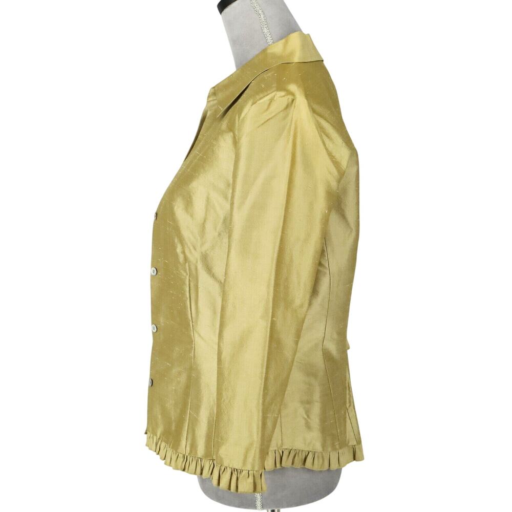 Cache Jacket Womens 8 All Silk Green Gold Lined Pleated Trim Lightweight Vintage - Picture 5 of 12